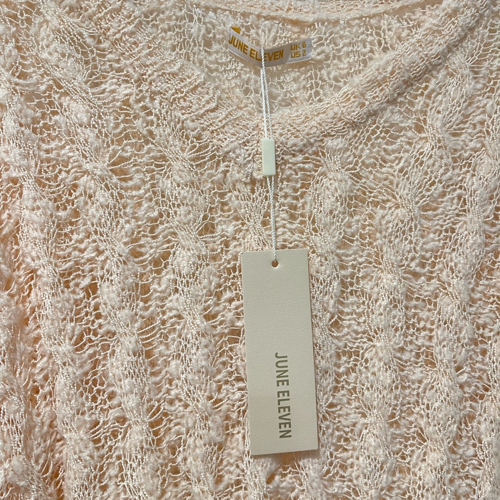 June Eleven Open Knit Sheer Elegant V-Neck Sweater in Cream - Picture 3 of 8